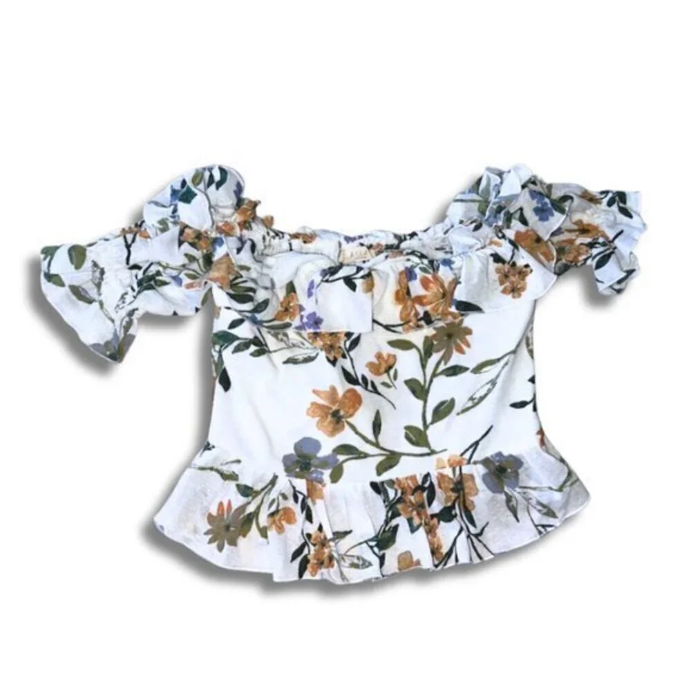 Illa Illa White Floral Ruffle Off Shoulder Crop Top - Picture 1 of 6